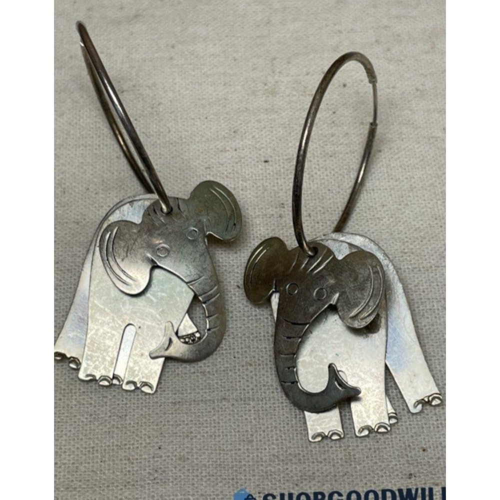 Vintage Sterling Silver Elephant Hoop Earrings Layered Artisan Dangle 9.1g